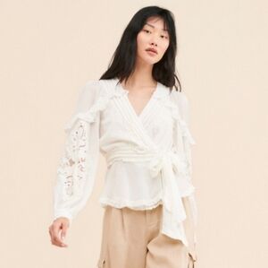 FARM Rio Floral-Lace Cotton Tie Blouse Small